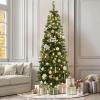 imageYITAHOME 45ft Potted Prelit Flocked Pencil Christmas Tree PreDecorated Slim Arctic Fir with 358 PE ampamp PVC Mixed Branch Tips and 100 Lights 11 PreDecorated Red Berries for Home Office DecorationGreen