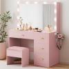 imageYITAHOME Vanity Desk Set with Large 35quot LED Mirror and Lights Makeup Table with 4 Drawers ampamp Stool 2 AC Outlets and 2 USB Ports Adjustable Lighting Modern Ample Storage Dressing Table WhiteSoft Pink