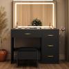 imageYITAHOME Vanity Desk Set with Large 35quot LED Mirror and Lights Makeup Table with 4 Drawers ampamp Stool 2 AC Outlets and 2 USB Ports Adjustable Lighting Modern Ample Storage Dressing Table WhiteJet Black