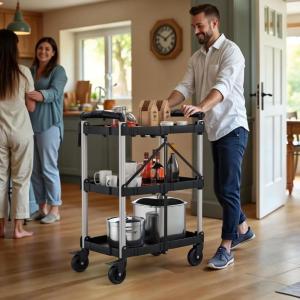 imageYITAHOME 350 LBS Folding Utility Service Cart 3 Tier Foldable Cart with Wheels Collapsible Cart on Wheels with 360Swivel Wheels 2 with Brakes Portable Cart for Home Garage Restaurant Office