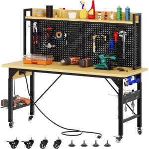 imageYITAHOME 60quot Adjustable Workbench with Pegboard Wheels ampamp 1600 LB Capacity Rolling Work Table with ACUSB Outlets Hooks and Rack HeavyDuty Work Bench for Garage Workshop Office or Home