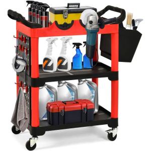 imageYITAHOME Auto Detailing Cart with Wheels 3 Tier Rolling Detail Cart with 2 Polisher Brackets Car Wash Organizer Cart with 2 Hanging Plate ampamp Hooks ampamp Hanging Bucket for Garage Workshop Repair Shop