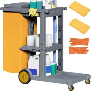 imageYITAHOME Cleaning Carts on Wheels Janitorial Cart 3Shelf Commercial Traditional Plastic Housekeeping Cart with 2 Yellow 25 Gallon Vinyl Bag and Pair of Rubber Gloves BlackGray