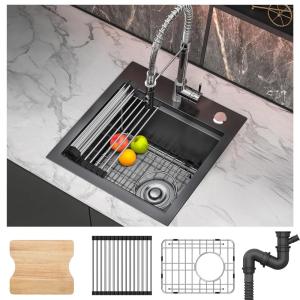 imageYITAHOME Drop In Kitchen Sink Workstation 30 Inch Top mount Stainless Steel Nano Gunmetal Black Sink wGlass Rinser Cutting Board Handmade Single Bowl Sink with Accessories 30 x 18 x 10inBlack