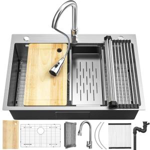 imageYITAHOME Drop In Kitchen Sink Workstation 30 Inch Top mount Stainless Steel Nano Gunmetal Black Sink wGlass Rinser Cutting Board Handmade Single Bowl Sink with Accessories 30 x 18 x 10inSilver