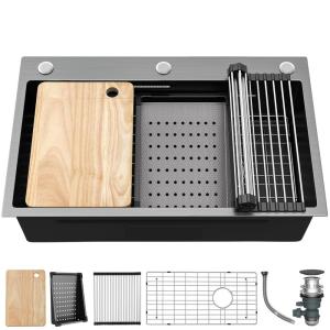imageYITAHOME Drop In Kitchen Sink Workstation 30 Inch Top mount Stainless Steel Nano Gunmetal Black Sink wGlass Rinser Cutting Board Handmade Single Bowl Sink with Accessories 30 x 18 x 10inBlack Sink Workstation