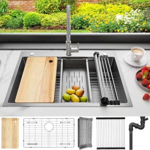 imageYITAHOME Drop In Kitchen Sink Workstation 30 Inch Top mount Stainless Steel Nano Gunmetal Black Sink wGlass Rinser Cutting Board Handmade Single Bowl Sink with Accessories 30 x 18 x 10inSilver Sink Workstation