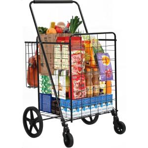 imageYITAHOME Folding Shopping Cart with Wheels Rolling Foldable Grocery Cart with Rear Basket Portable Collapsible Utility Cart with Reinforced mesh Bottom Panel for Shopping Groceries Laundry StorageJumboDouble Basket