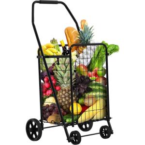 imageYITAHOME Folding Shopping Cart with Wheels Rolling Foldable Grocery Cart with Rear Basket Portable Collapsible Utility Cart with Reinforced mesh Bottom Panel for Shopping Groceries Laundry StorageMedium