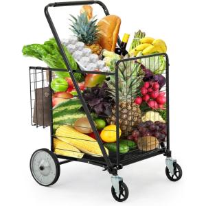 imageYITAHOME Folding Shopping Cart with Wheels Rolling Foldable Grocery Cart with Rear Basket Portable Collapsible Utility Cart with Reinforced mesh Bottom Panel for Shopping Groceries Laundry StorageSuper JumboHeavy DutyDouble Basket