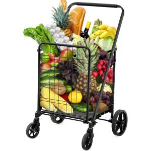 imageYITAHOME Folding Shopping Cart with Wheels Rolling Foldable Grocery Cart with Rear Basket Portable Collapsible Utility Cart with Reinforced mesh Bottom Panel for Shopping Groceries Laundry StorageLarge