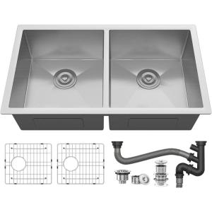 imageYITAHOME Kitchen Sink 33quot x 19quot x 10quot Undermount 304 Stainless Steel 5050 Double Bowl With Accessories 16 Gauge for Workstation Prep Kitchen BarSilver double bowl