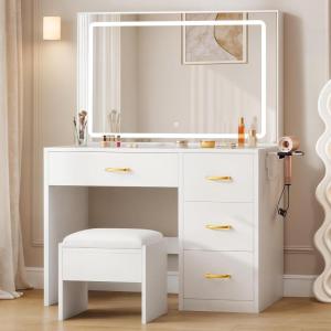 imageYITAHOME Vanity Desk Set with Large 35quot LED Mirror and Lights Makeup Table with 4 Drawers ampamp Stool 2 AC Outlets and 2 USB Ports Adjustable Lighting Modern Ample Storage Dressing Table WhiteCream White