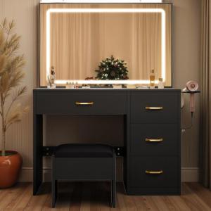 imageYITAHOME Vanity Desk Set with Large 35quot LED Mirror and Lights Makeup Table with 4 Drawers ampamp Stool 2 AC Outlets and 2 USB Ports Adjustable Lighting Modern Ample Storage Dressing Table WhiteJet Black