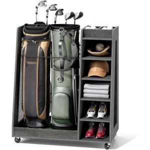 imageYITAHOME Wooden Golf Bag Organizer for Garage Rolling Storage Stand for Golf Bags Clubs Balls and Accessories Holds 2 or 3 Golf Bags Ideal for Golf Equipment OrganizationDeepgray