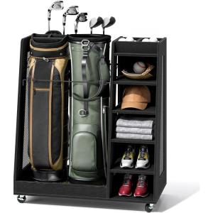 imageYITAHOME Wooden Golf Bag Organizer for Garage Rolling Storage Stand for Golf Bags Clubs Balls and Accessories Holds 2 or 3 Golf Bags Ideal for Golf Equipment OrganizationBlack