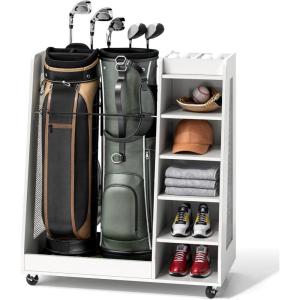 imageYITAHOME Wooden Golf Bag Organizer for Garage Rolling Storage Stand for Golf Bags Clubs Balls and Accessories Holds 2 or 3 Golf Bags Ideal for Golf Equipment OrganizationWhite