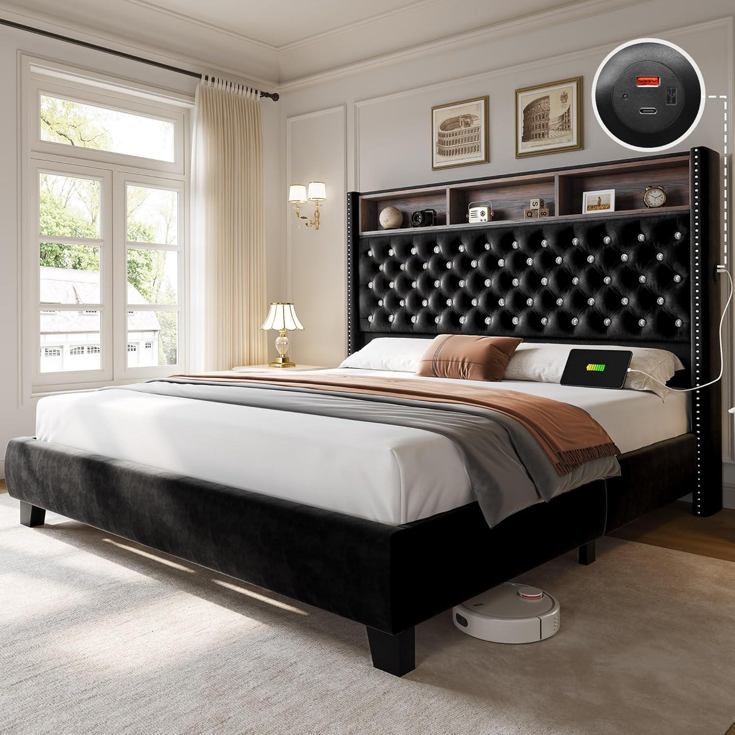 imageYITAHOME King Size Bed Frame with 58quot Tall Headboard Storage Headboard Bed with USB Charging Stations TypeC Port Velvet Upholstered Beds with Deep Button Tufted No Box Spring Needed GreyBlack