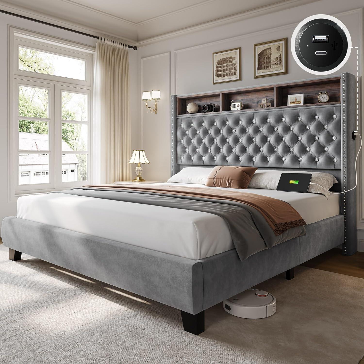 imageYITAHOME King Size Bed Frame with 58quot Tall Headboard Storage Headboard Bed with USB Charging Stations TypeC Port Velvet Upholstered Beds with Deep Button Tufted No Box Spring Needed GreyGrey