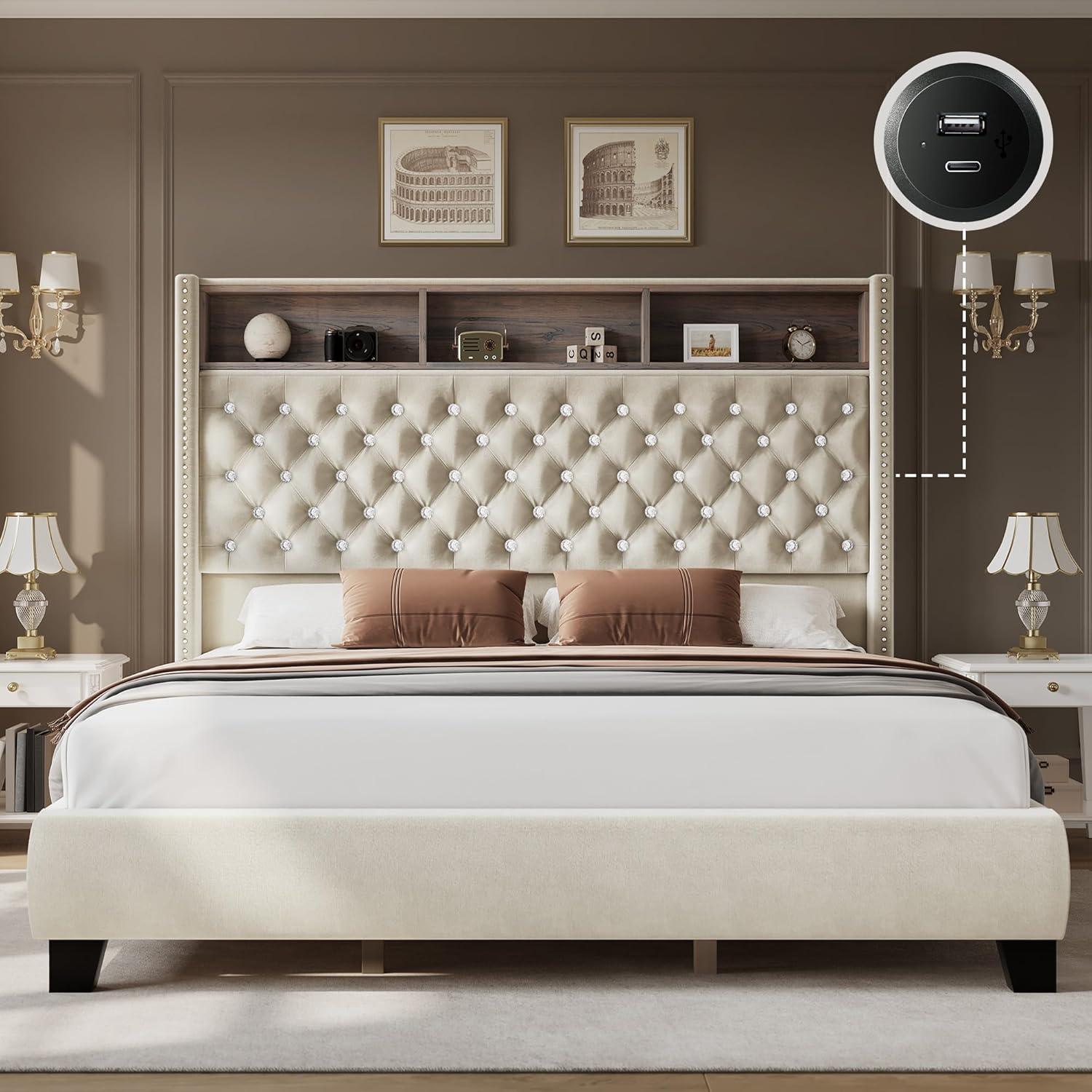 imageYITAHOME King Size Bed Frame with 58quot Tall Headboard Storage Headboard Bed with USB Charging Stations TypeC Port Velvet Upholstered Beds with Deep Button Tufted No Box Spring Needed GreyBeige