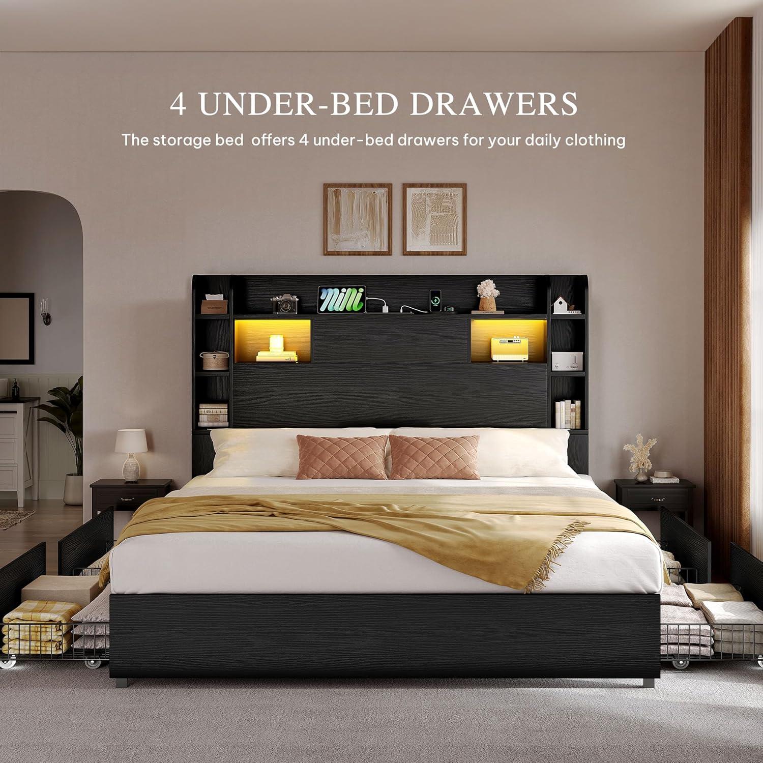 imageYITAHOME Queen Size Bed Frame with Bookcase Headboard and 4 Storage Drawers RGB LED Bed Frame with TypeC ampamp USB Charging Station Storage Headboard Bed No Box Spring Needed Noise Free BlackBlack
