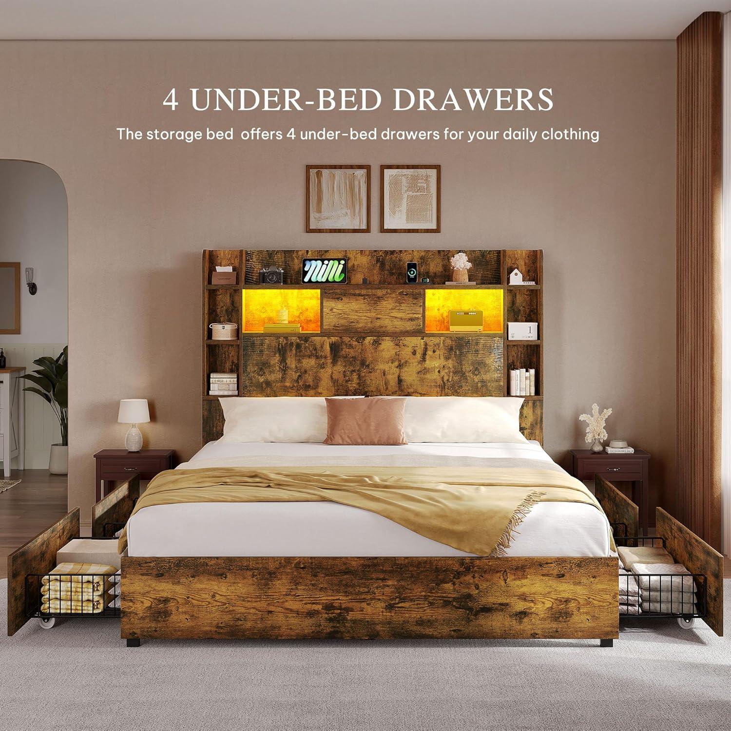 imageYITAHOME Queen Size Bed Frame with Bookcase Headboard and 4 Storage Drawers RGB LED Bed Frame with TypeC ampamp USB Charging Station Storage Headboard Bed No Box Spring Needed Noise Free BlackRustic Brown