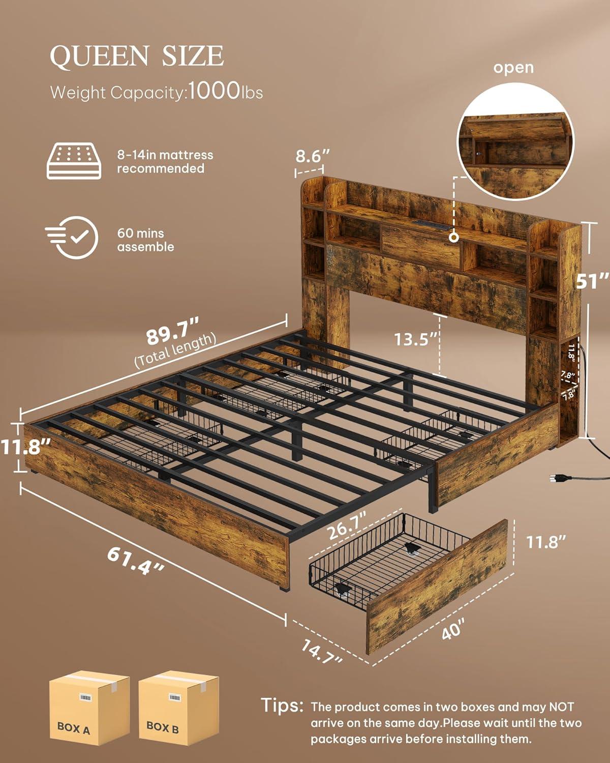 imageYITAHOME Queen Size Bed Frame with Bookcase Headboard and 4 Storage Drawers RGB LED Bed Frame with TypeC ampamp USB Charging Station Storage Headboard Bed No Box Spring Needed Noise Free BlackRustic Brown