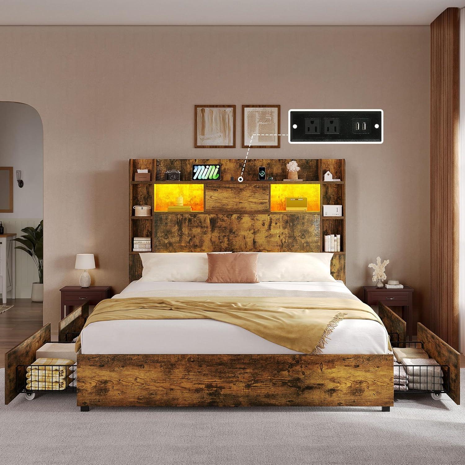 imageYITAHOME Queen Size Bed Frame with Bookcase Headboard and 4 Storage Drawers RGB LED Bed Frame with TypeC ampamp USB Charging Station Storage Headboard Bed No Box Spring Needed Noise Free BlackRustic Brown