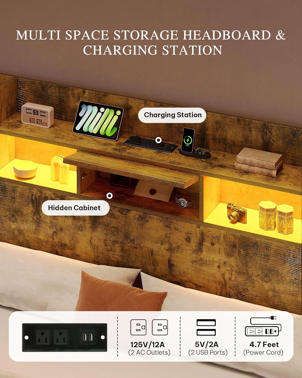 imageYITAHOME Queen Size Bed Frame with Bookcase Headboard and 4 Storage Drawers RGB LED Bed Frame with TypeC ampamp USB Charging Station Storage Headboard Bed No Box Spring Needed Noise Free BlackRustic Brown