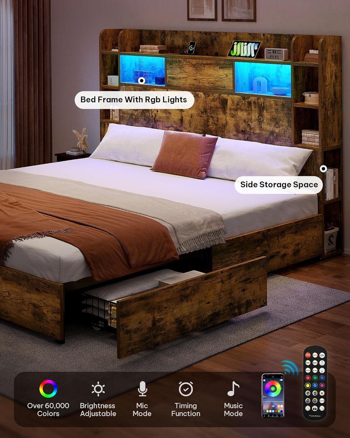 imageYITAHOME Queen Size Bed Frame with Bookcase Headboard and 4 Storage Drawers RGB LED Bed Frame with TypeC ampamp USB Charging Station Storage Headboard Bed No Box Spring Needed Noise Free BlackRustic Brown