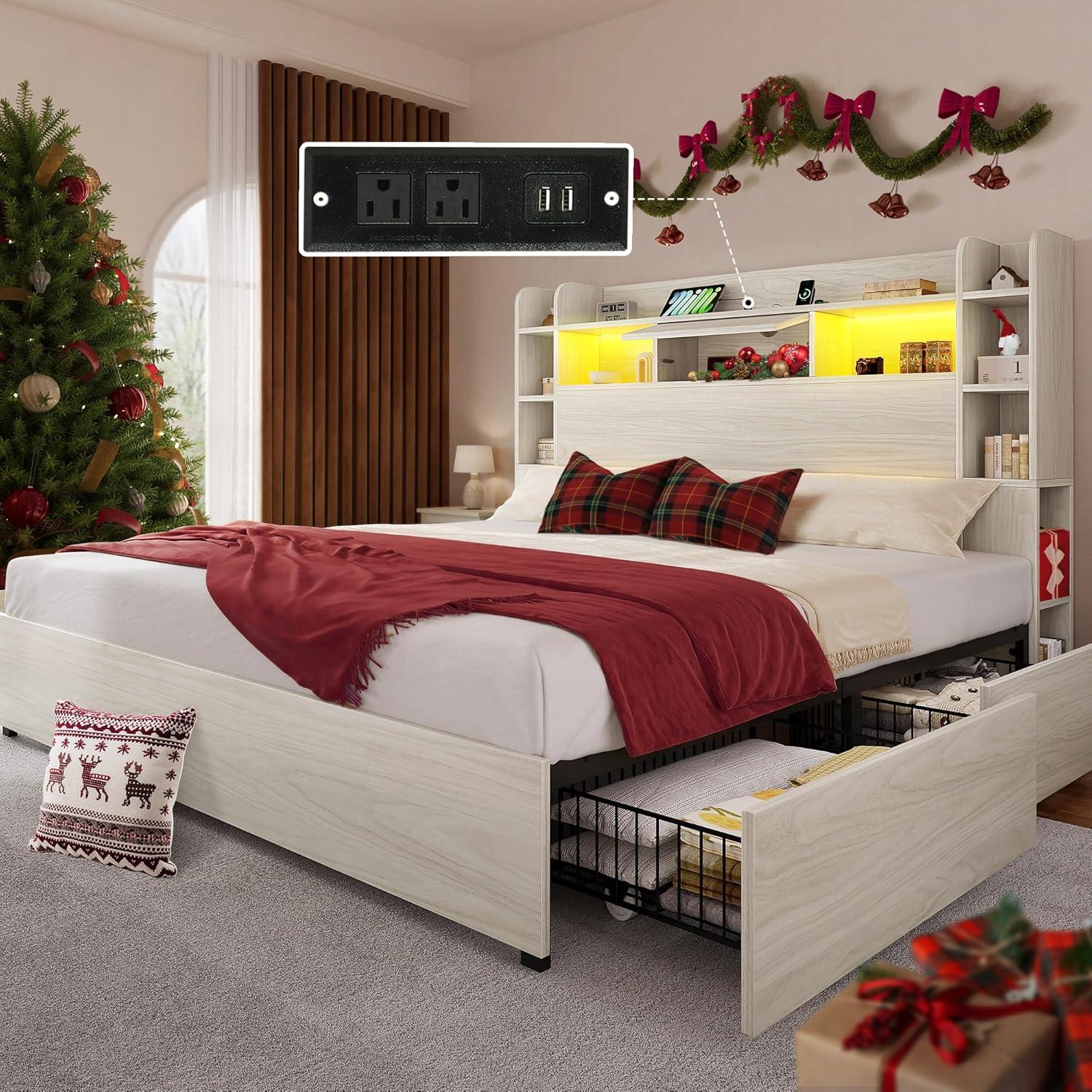imageYITAHOME Queen Size Bed Frame with Bookcase Headboard and 4 Storage Drawers RGB LED Bed Frame with TypeC ampamp USB Charging Station Storage Headboard Bed No Box Spring Needed Noise Free BlackAntique White