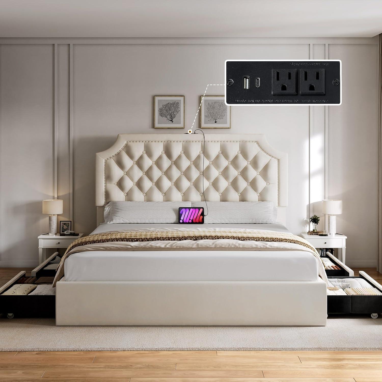 imageYITAHOME Queen Size Bed Frame with Bookcase Headboard and 4 Storage Drawers RGB LED Bed Frame with TypeC ampamp USB Charging Station Storage Headboard Bed No Box Spring Needed Noise Free BlackBeige