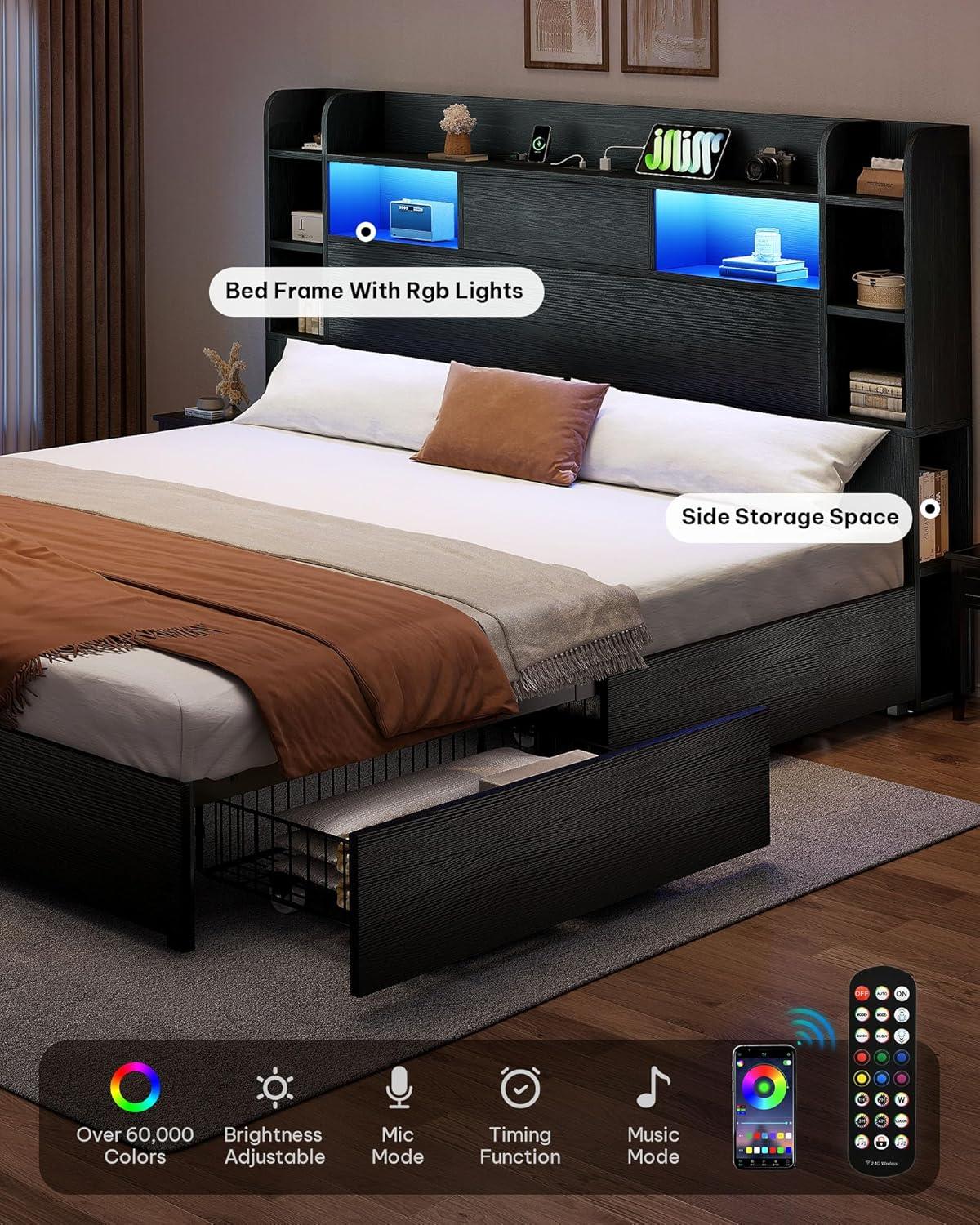 imageYITAHOME Queen Size Bed Frame with Bookcase Headboard and 4 Storage Drawers RGB LED Bed Frame with TypeC ampamp USB Charging Station Storage Headboard Bed No Box Spring Needed Noise Free BlackBlack