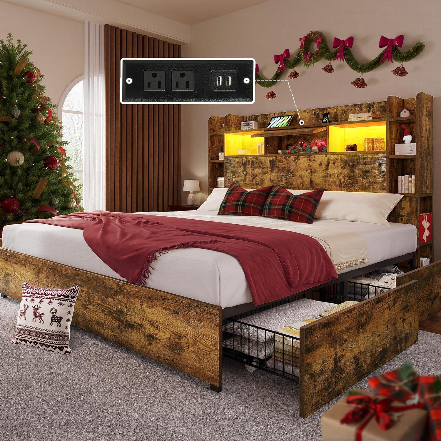 imageYITAHOME Queen Size Bed Frame with Bookcase Headboard and 4 Storage Drawers RGB LED Bed Frame with TypeC ampamp USB Charging Station Storage Headboard Bed No Box Spring Needed Noise Free BlackRustic Brown
