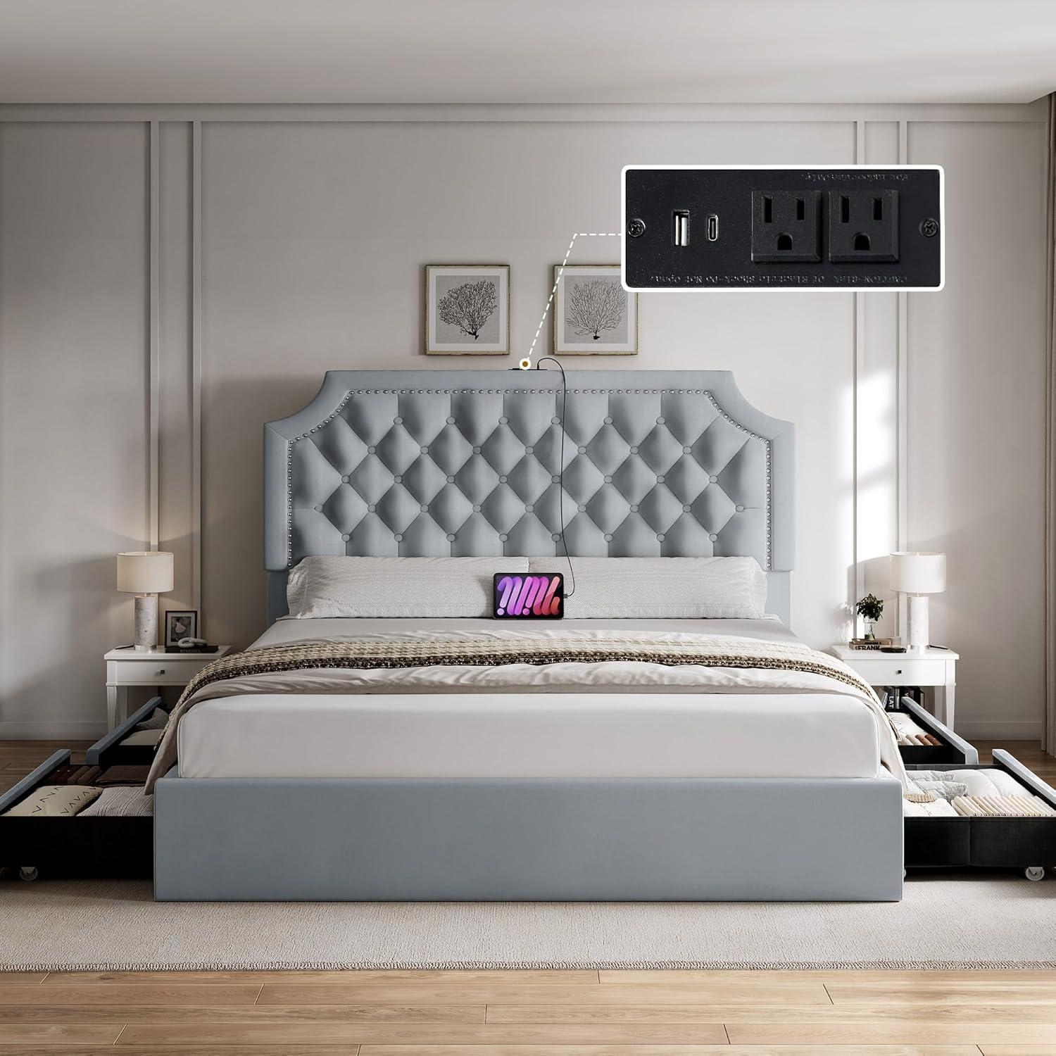 imageYITAHOME Queen Size Bed Frame with Bookcase Headboard and 4 Storage Drawers RGB LED Bed Frame with TypeC ampamp USB Charging Station Storage Headboard Bed No Box Spring Needed Noise Free BlackGrey