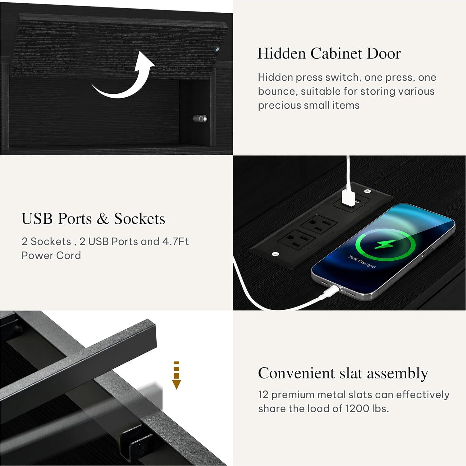 imageYITAHOME Queen Size Bed Frame with Bookcase Headboard and 4 Storage Drawers RGB LED Bed Frame with TypeC ampamp USB Charging Station Storage Headboard Bed No Box Spring Needed Noise Free BlackBlack