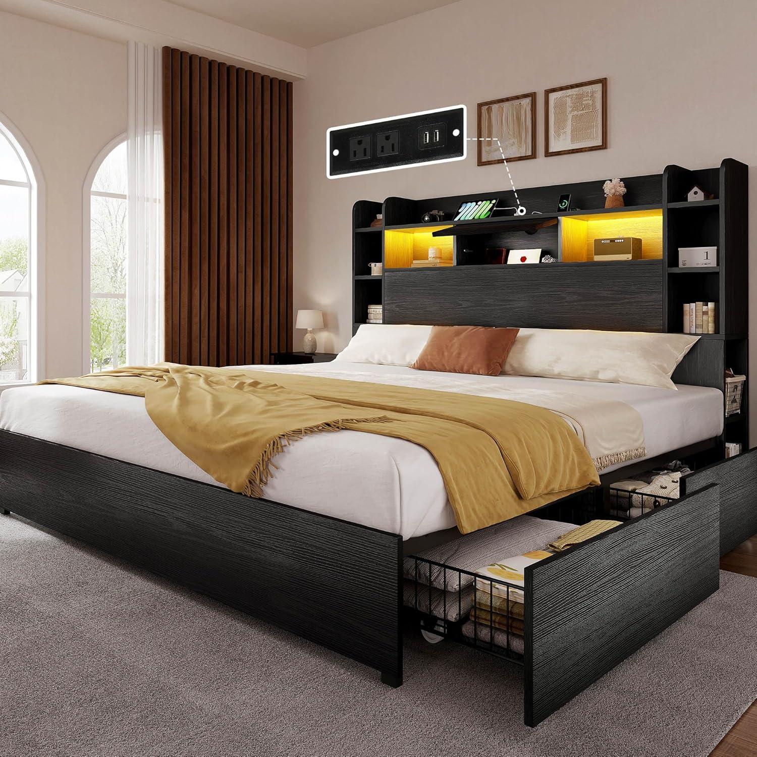 imageYITAHOME Queen Size Bed Frame with Bookcase Headboard and 4 Storage Drawers RGB LED Bed Frame with TypeC ampamp USB Charging Station Storage Headboard Bed No Box Spring Needed Noise Free BlackBlack