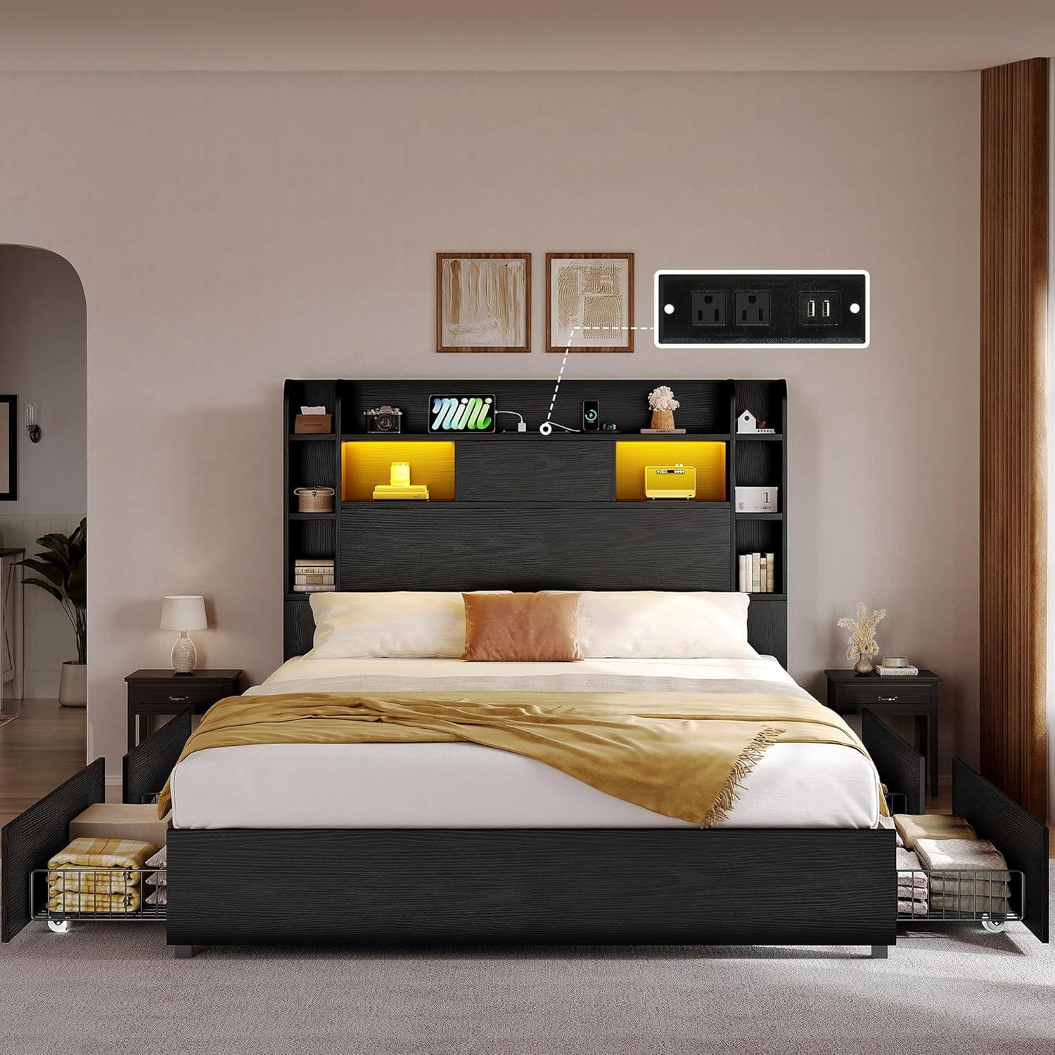 imageYITAHOME Queen Size Bed Frame with Bookcase Headboard and 4 Storage Drawers RGB LED Bed Frame with TypeC ampamp USB Charging Station Storage Headboard Bed No Box Spring Needed Noise Free BlackBlack