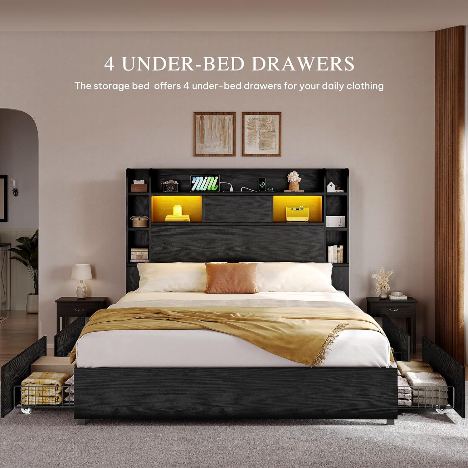 imageYITAHOME Queen Size Bed Frame with Bookcase Headboard and 4 Storage Drawers RGB LED Bed Frame with TypeC ampamp USB Charging Station Storage Headboard Bed No Box Spring Needed Noise Free BlackBlack