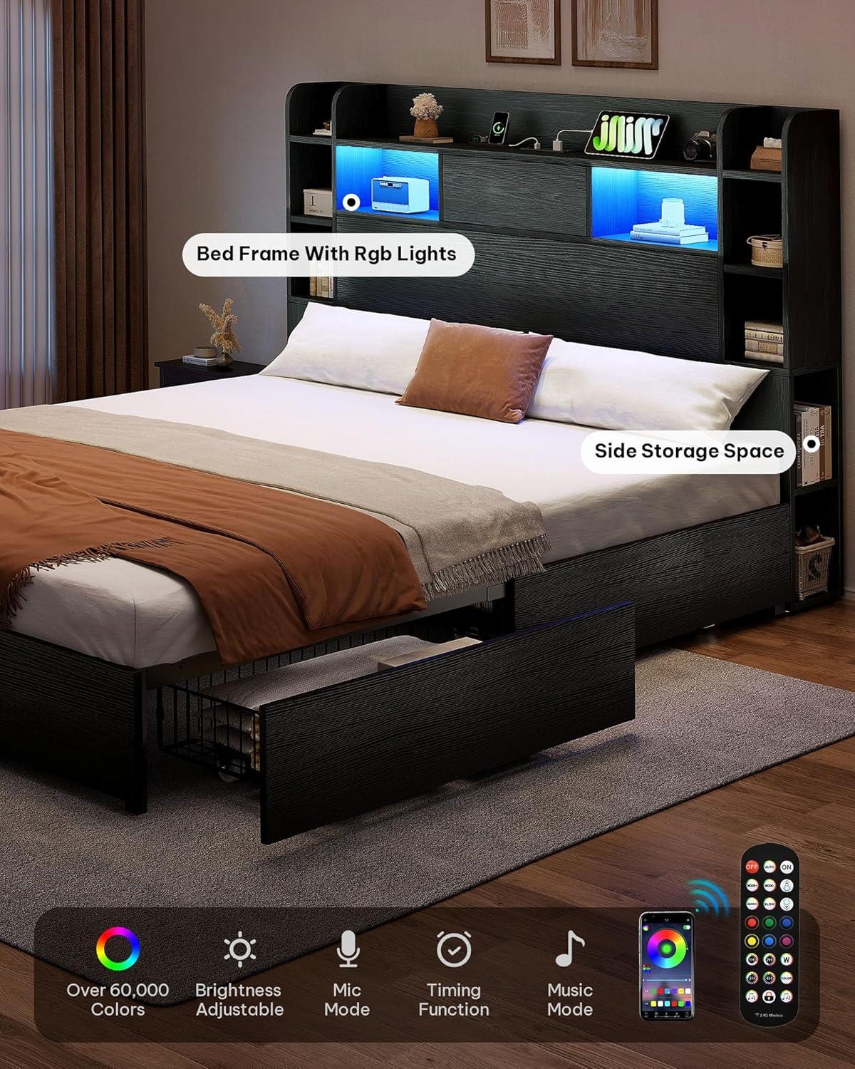 imageYITAHOME Queen Size Bed Frame with Bookcase Headboard and 4 Storage Drawers RGB LED Bed Frame with TypeC ampamp USB Charging Station Storage Headboard Bed No Box Spring Needed Noise Free BlackBlack