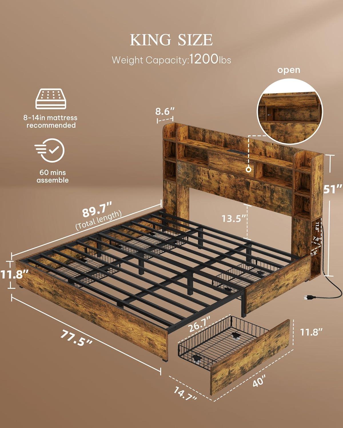 imageYITAHOME Queen Size Bed Frame with Bookcase Headboard and 4 Storage Drawers RGB LED Bed Frame with TypeC ampamp USB Charging Station Storage Headboard Bed No Box Spring Needed Noise Free BlackRustic Brown