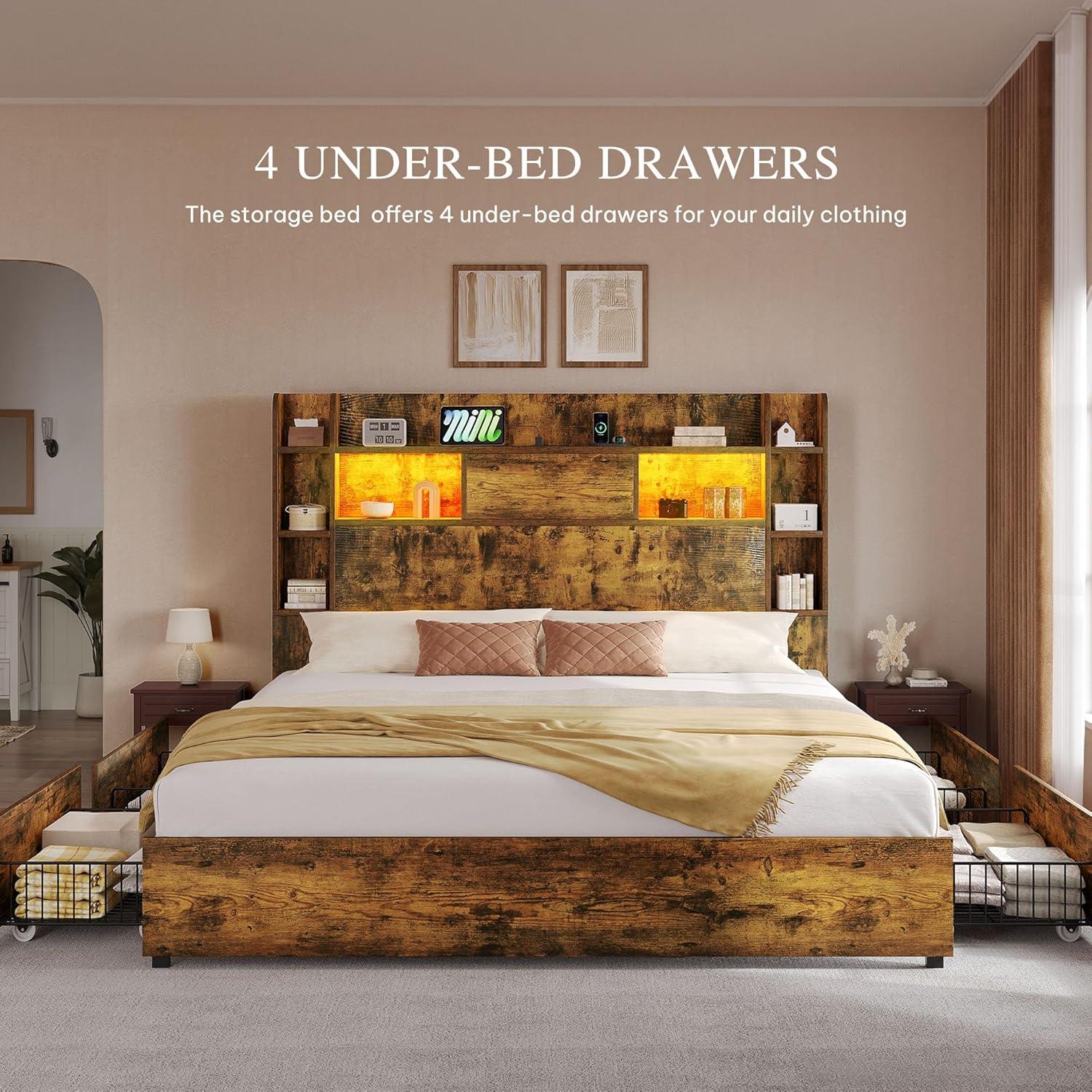 imageYITAHOME Queen Size Bed Frame with Bookcase Headboard and 4 Storage Drawers RGB LED Bed Frame with TypeC ampamp USB Charging Station Storage Headboard Bed No Box Spring Needed Noise Free BlackRustic Brown