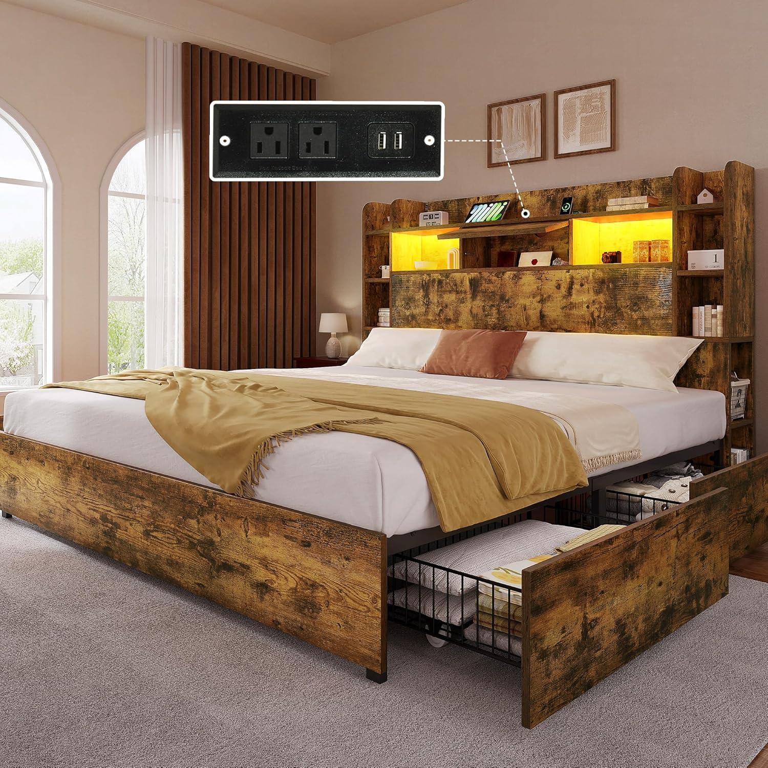 imageYITAHOME Queen Size Bed Frame with Bookcase Headboard and 4 Storage Drawers RGB LED Bed Frame with TypeC ampamp USB Charging Station Storage Headboard Bed No Box Spring Needed Noise Free BlackRustic Brown