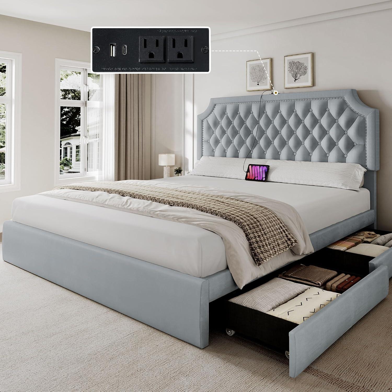 imageYITAHOME Queen Size Bed Frame with Bookcase Headboard and 4 Storage Drawers RGB LED Bed Frame with TypeC ampamp USB Charging Station Storage Headboard Bed No Box Spring Needed Noise Free BlackGrey