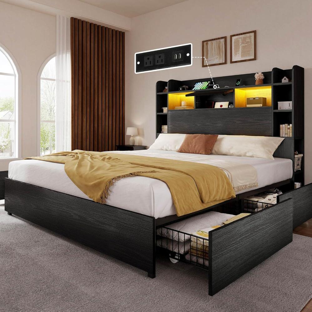 imageYITAHOME Queen Size Bed Frame with Bookcase Headboard and 4 Storage Drawers RGB LED Bed Frame with TypeC ampamp USB Charging Station Storage Headboard Bed No Box Spring Needed Noise Free BlackBlack