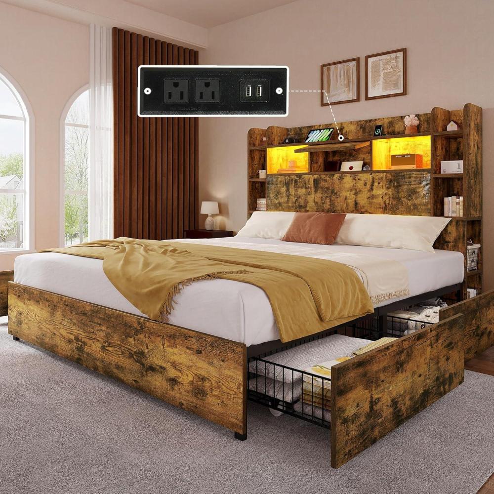 imageYITAHOME Queen Size Bed Frame with Bookcase Headboard and 4 Storage Drawers RGB LED Bed Frame with TypeC ampamp USB Charging Station Storage Headboard Bed No Box Spring Needed Noise Free BlackRustic Brown