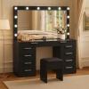 imageYITAHOME 46quot Glass Top Vanity Desk with Mirror with Lights Large Makeup Vanity Set with 10 Drawers ampamp Storage Stool Power Outlet Dressing Table with 3 Adjustable Light Modes Dressing Room BlackJet Black