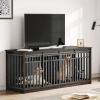 imageYITAHOME 55 Inch Large Dog Crate Furniture Heavy Duty Wooden Dog Crate TV Stand with 2 Dog Bowls Metal Dog Kennel Indoor Furniture Sliding Barn Door Design for Extra Large Dogs Rustic BrownBlack Oak