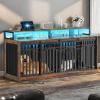 imageYITAHOME 55 Inch Large Dog Crate Furniture Heavy Duty Wooden Dog Crate TV Stand with 2 Dog Bowls Metal Dog Kennel Indoor Furniture Sliding Barn Door Design for Extra Large Dogs Rustic BrownRustic BrownLed Light