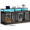 imageYITAHOME 55 Inch Large Dog Crate Furniture Heavy Duty Wooden Dog Crate TV Stand with 2 Dog Bowls Metal Dog Kennel Indoor Furniture Sliding Barn Door Design for Extra Large Dogs Rustic BrownBlack OakLed Light